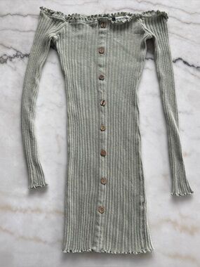 J Roberts Sage Green Off Shoulder Ribbed Lettuce Edge Button Front Mini Dress